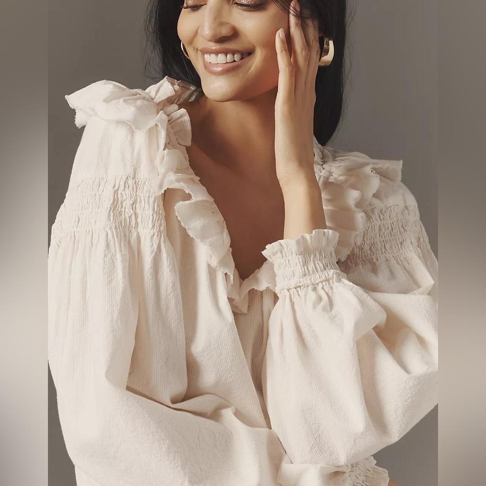 Anthropologie Cream Ruffled Blouse
